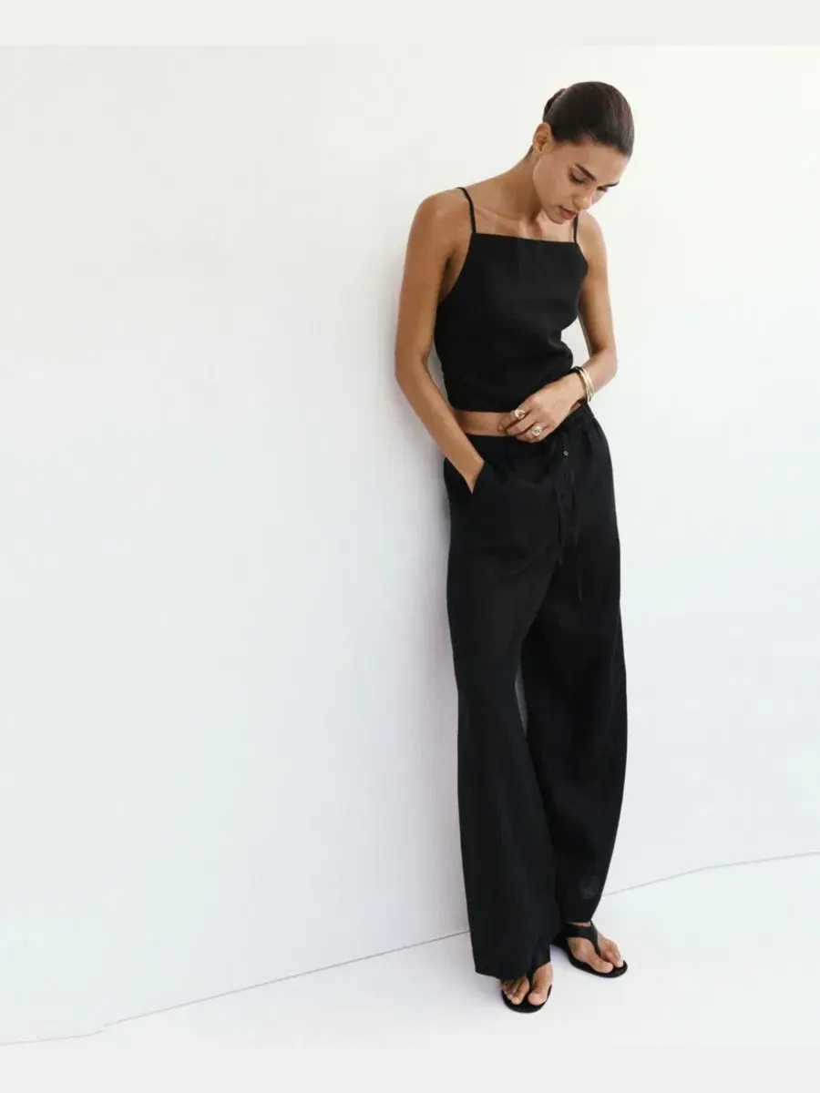 Женские брюки-кюлоты свободного кроя, модель Wide-Leg Linen MANGO — изображение 6 из 19, черный