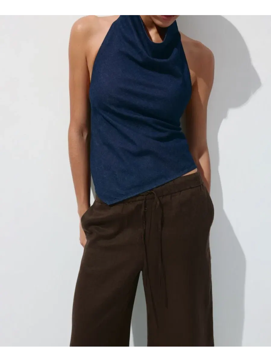 Брюки женские широкие из льна Wide-Leg MANGO — изображение 4 из 18, коричневый