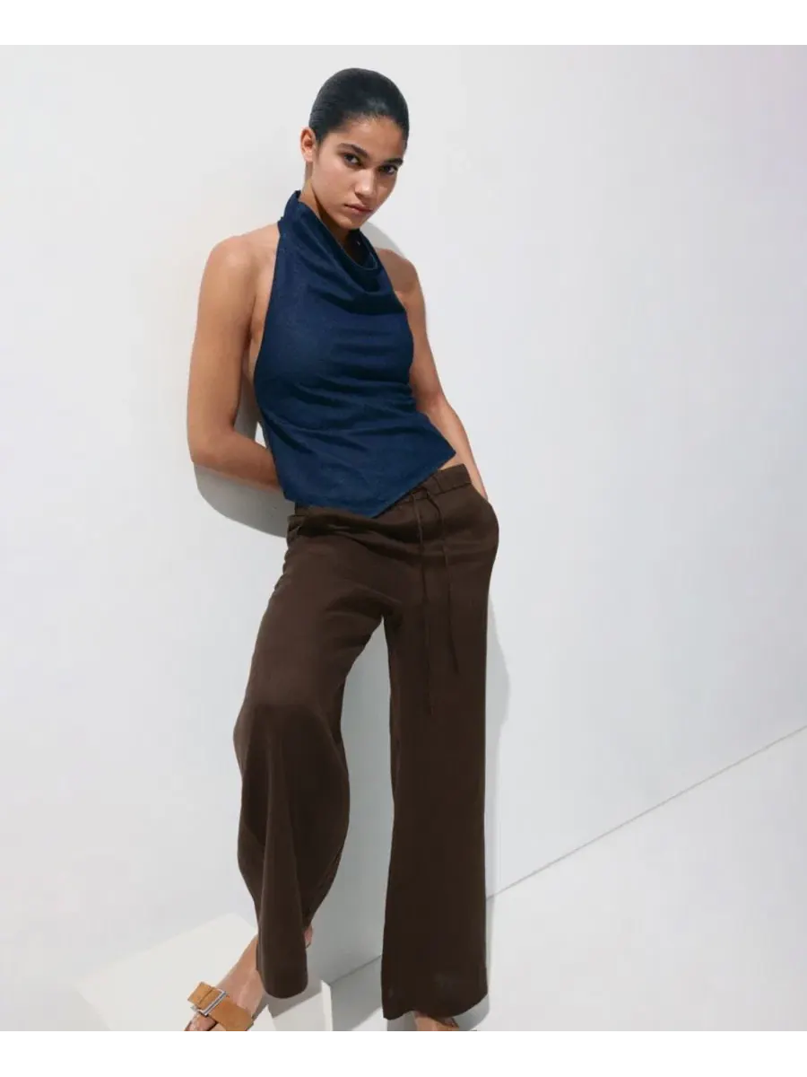Брюки женские широкие из льна Wide-Leg MANGO — изображение 6 из 18, коричневый