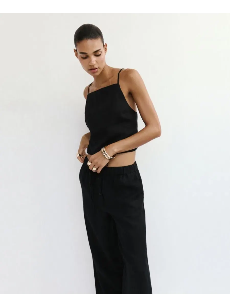 Брюки женские широкие из льна Wide-Leg MANGO — изображение 9 из 18, коричневый