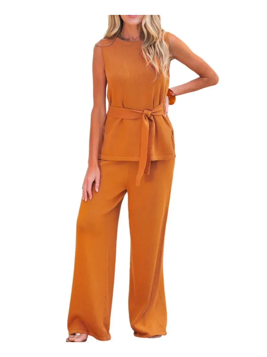 Комплект из топа на бретелях и широких брюк с поясом Ribbed Knit Cupshe