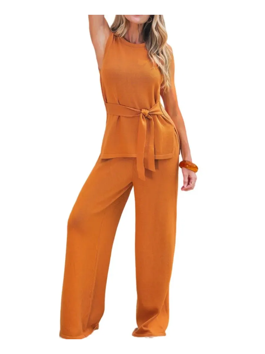 Комплект из топа на бретелях и широких брюк с поясом Ribbed Knit Cupshe — изображение 2 из 4, красный