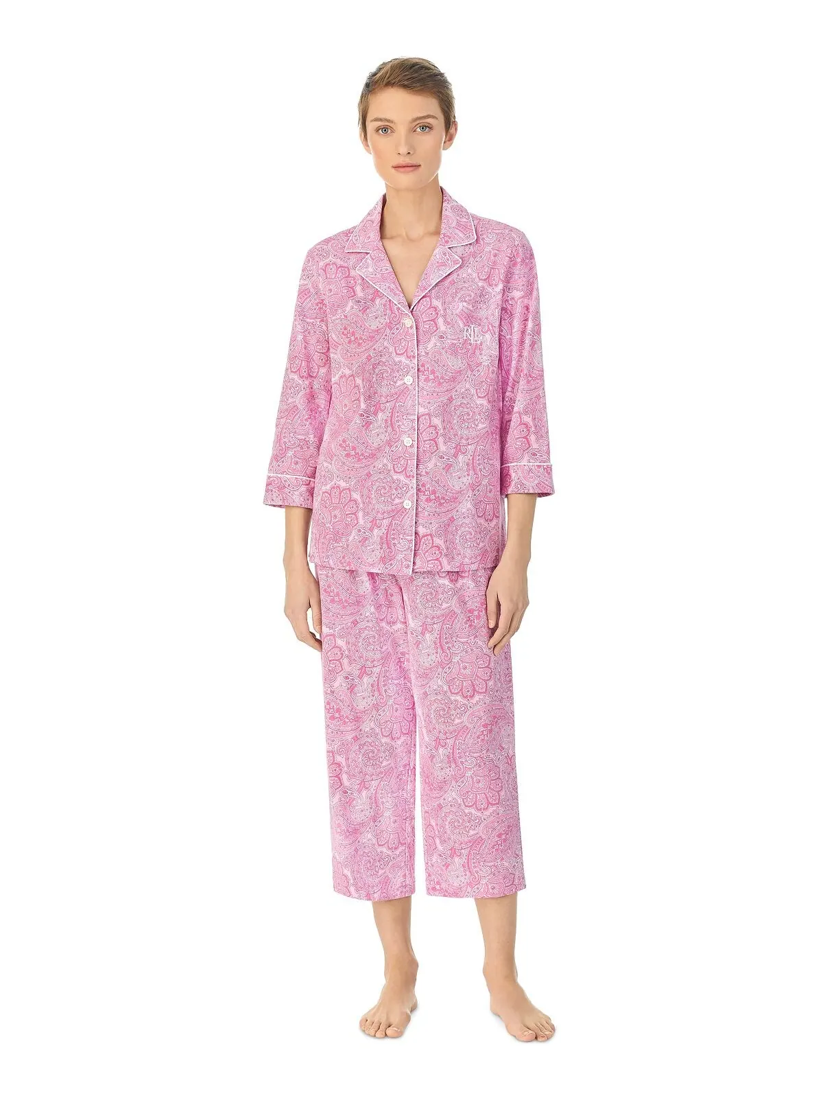 Женский хлопковый пижамный комплект с рукавами 3/4 и воротником-капри Lauren Ralph Lauren
