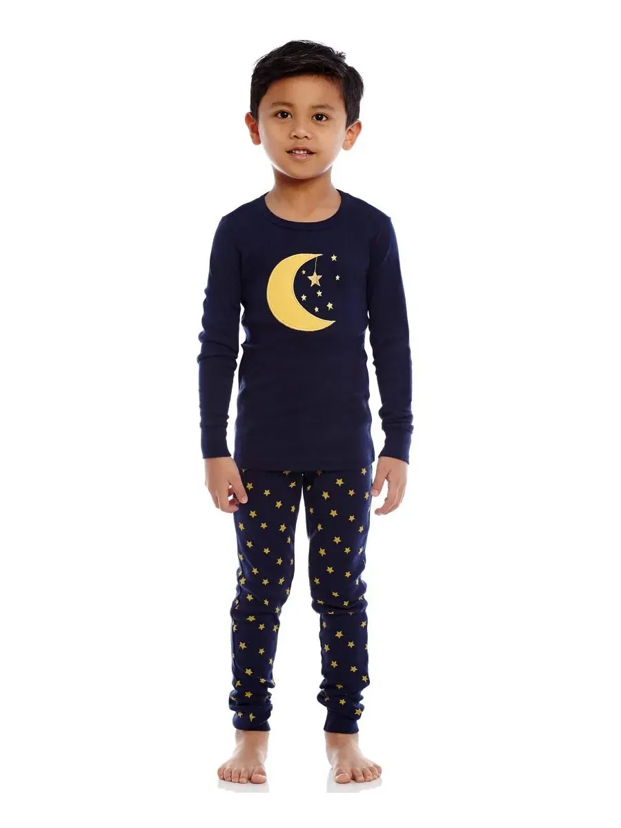 Комплект пижамы из хлопка с длинным рукавом Moon & stars navy Leveret — изображение 3 из 3, темно-синий