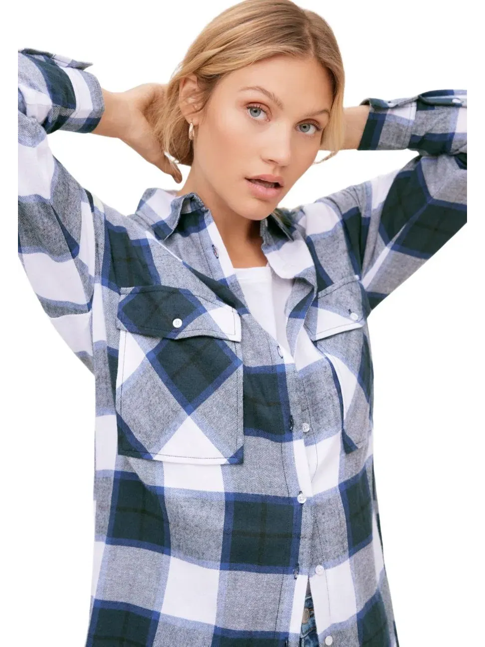 Фланелевая туника-рубашка с принтом, модель Plaid Button-Front Flannel Tunic ellos — изображение 3 из 4, темно-синий белый