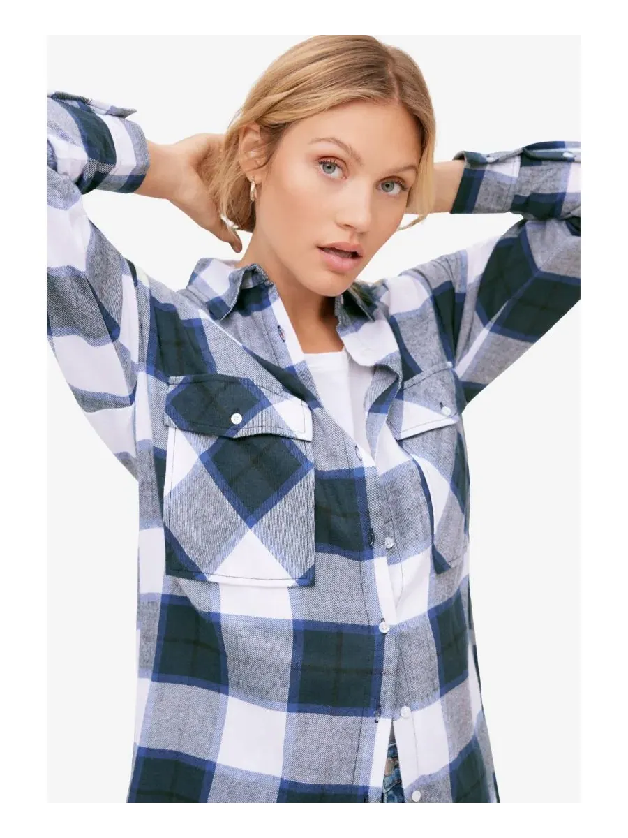 Фланелевая туника-рубашка с принтом, модель Plaid Button-Front Flannel Tunic ellos — изображение 4 из 4, темно-синий белый