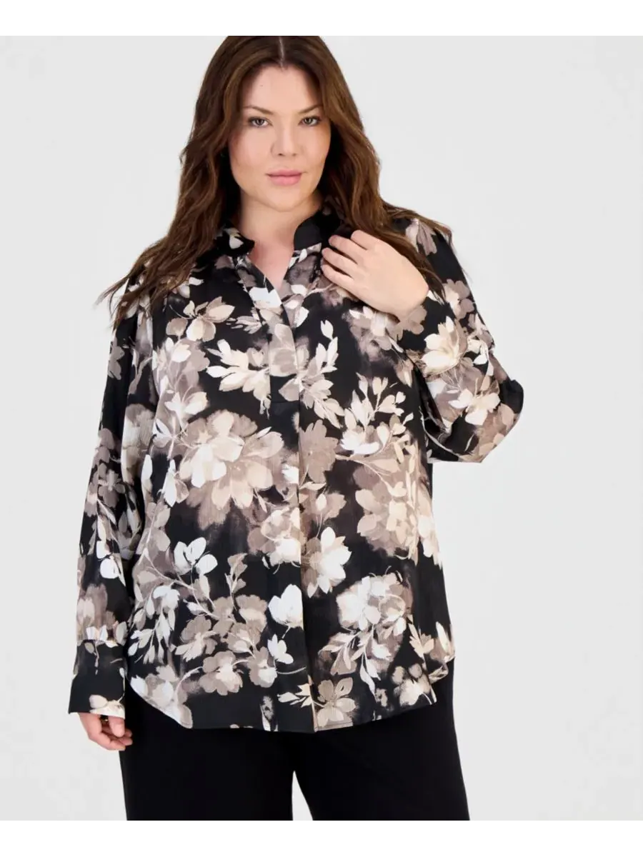 Блуза с воротником-стойкой и защипом Plus Size Anne Klein