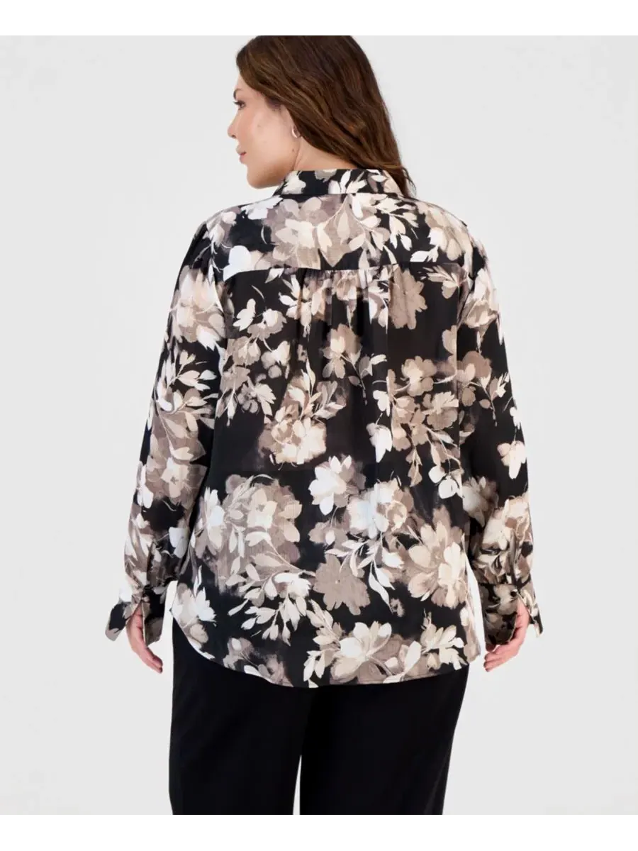 Блуза с воротником-стойкой и защипом Plus Size Anne Klein — изображение 2 из 4, черный/мульти