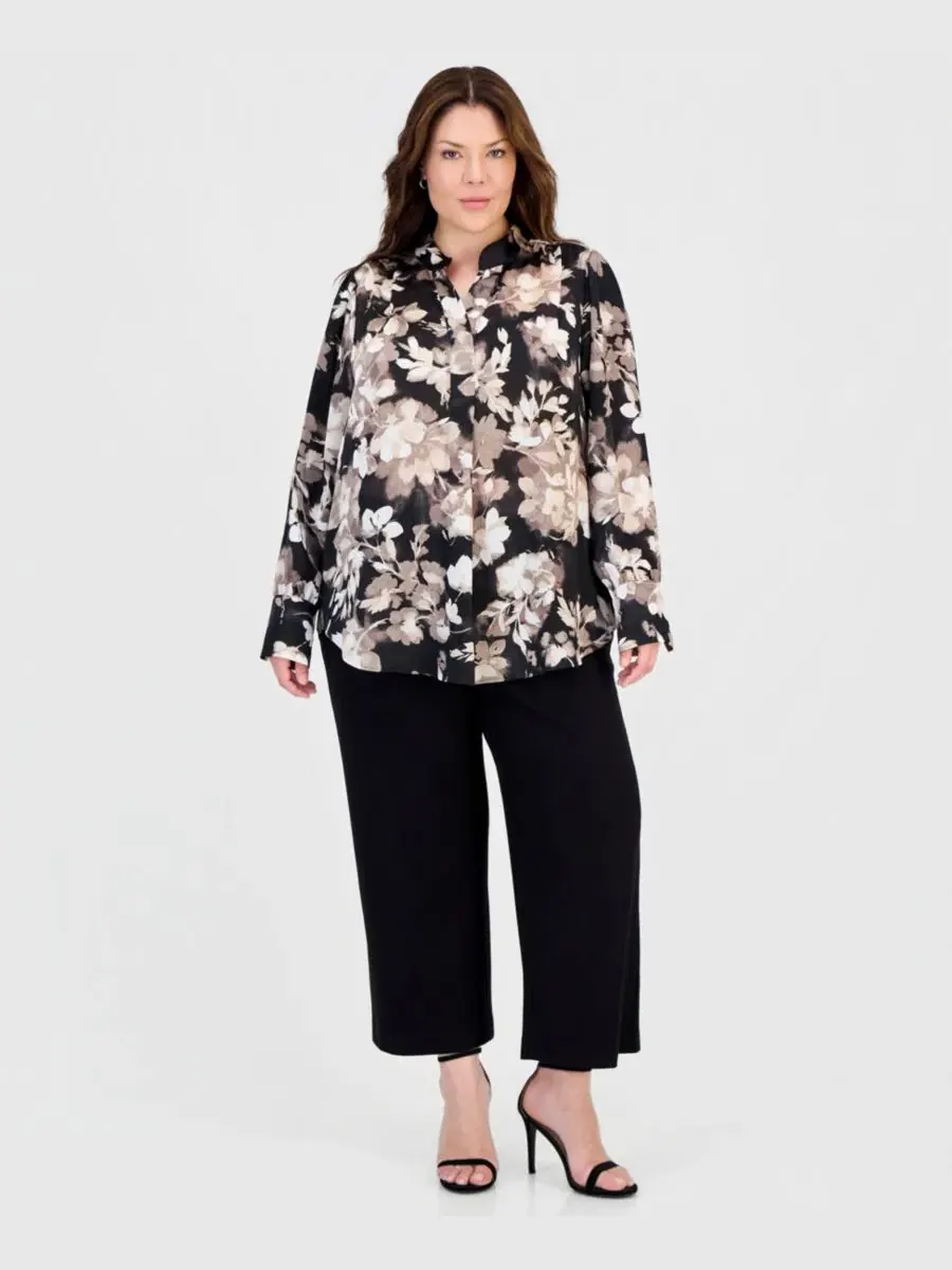 Блуза с воротником-стойкой и защипом Plus Size Anne Klein — изображение 3 из 4, черный/мульти