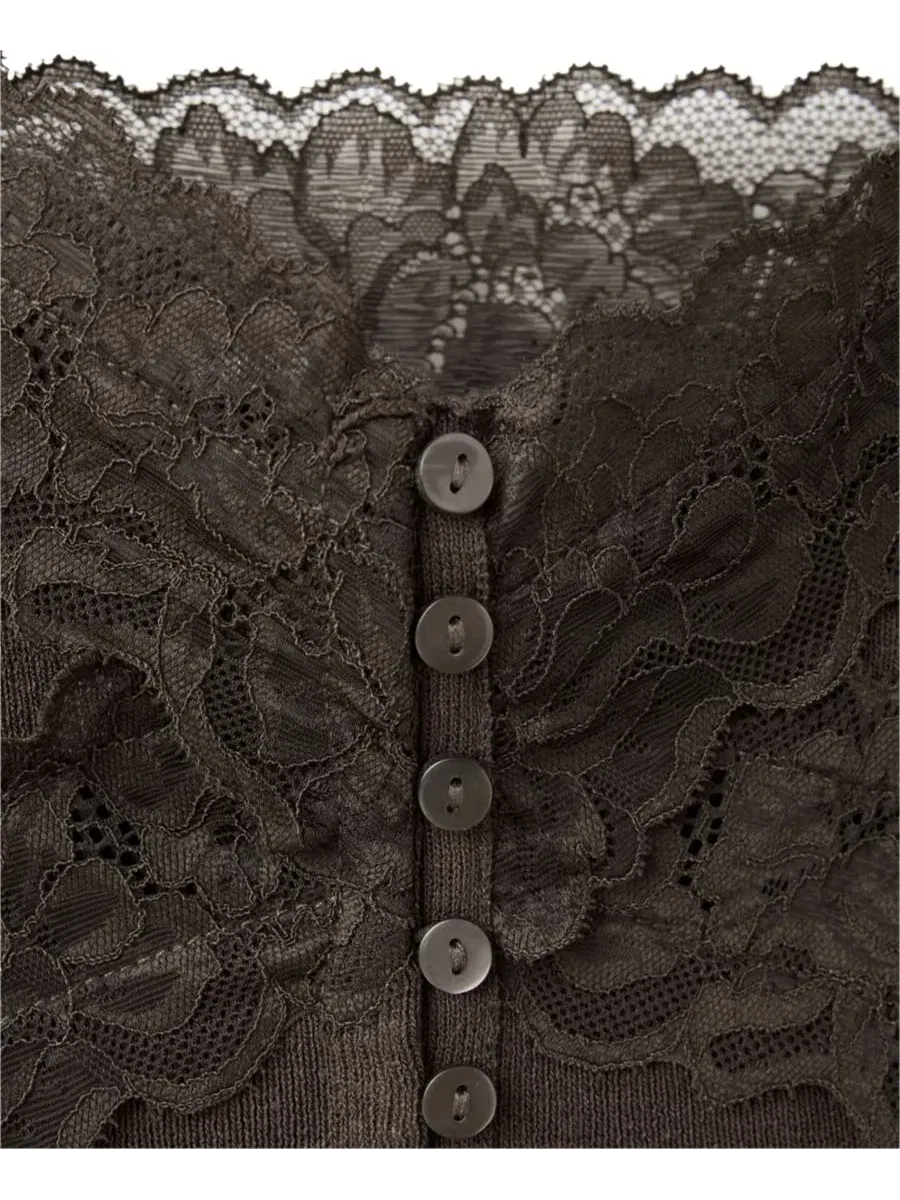 Женский топ-кроп с кружевными аппликациями, без рукавов, модель Lace Fine-Knit MANGO — изображение 4 из 5, шоколад