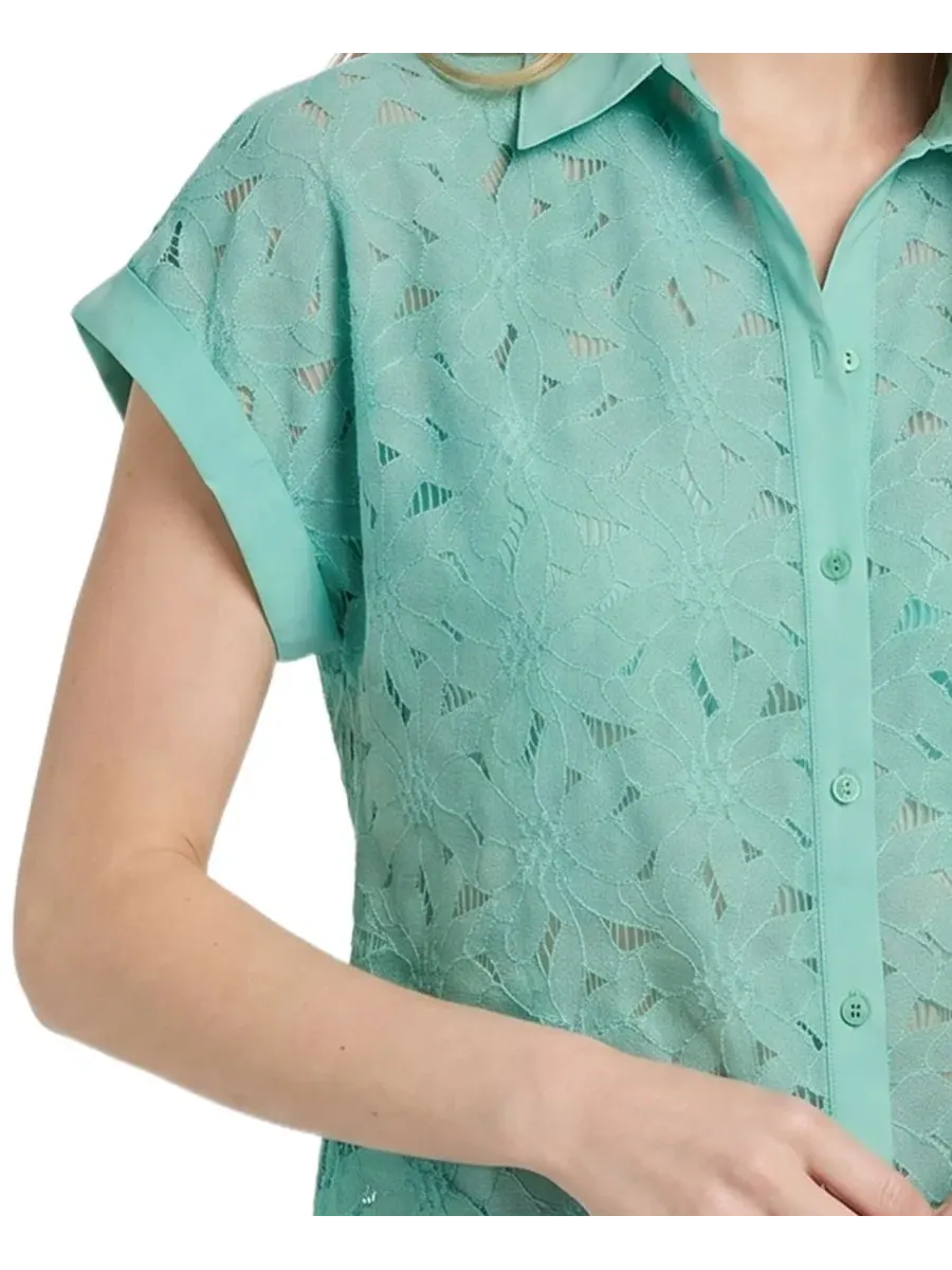Блуза с коротким рукавом и кружевной вышивкой Petite Short-Sleeve Eyelet Top NY Collection — изображение 3 из 4, серый