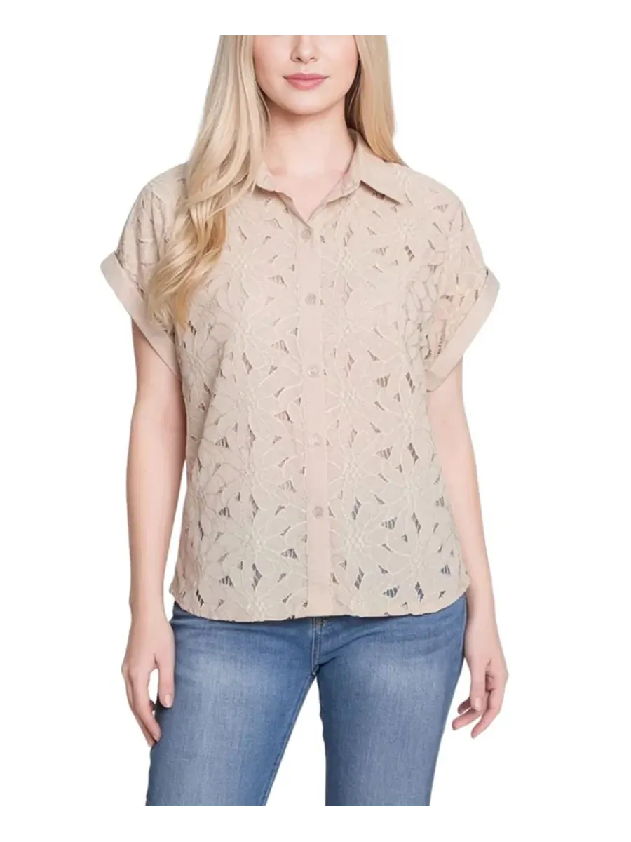 Блуза с коротким рукавом и кружевной вышивкой Petite Short-Sleeve Eyelet Top NY Collection, Doeskin