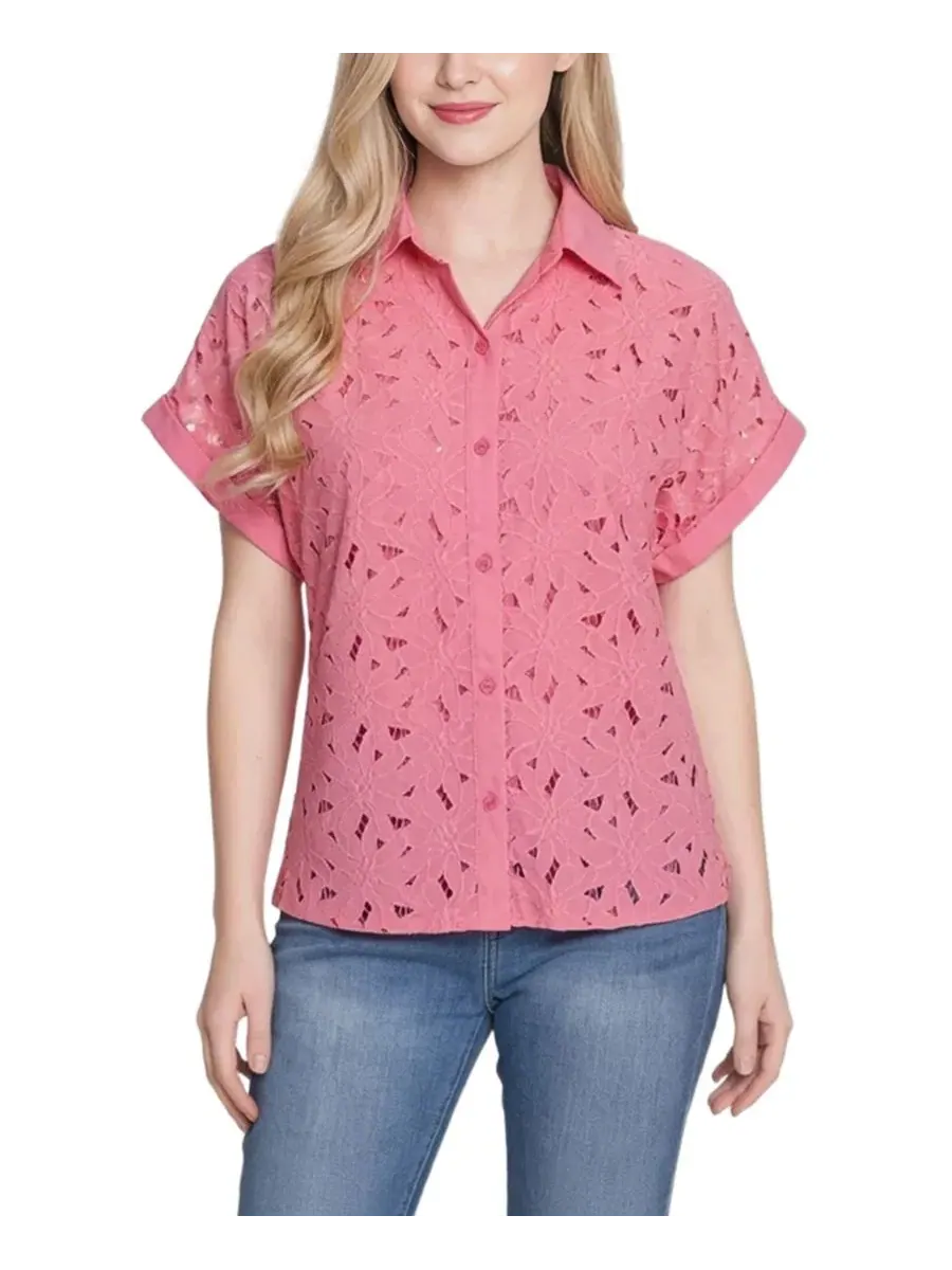 Блузка с коротким рукавом и кружевной вышивкой Petite Short-Sleeve Eyelet Top NY Collection