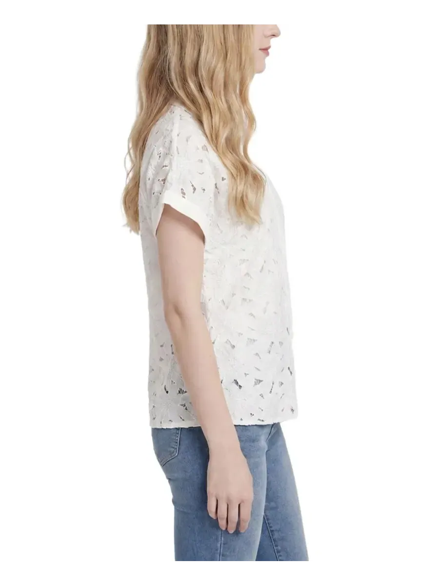 Блуза с коротким рукавом с кружевной вышивкой Petite Short-Sleeve Eyelet Top NY Collection — изображение 2 из 4, белый