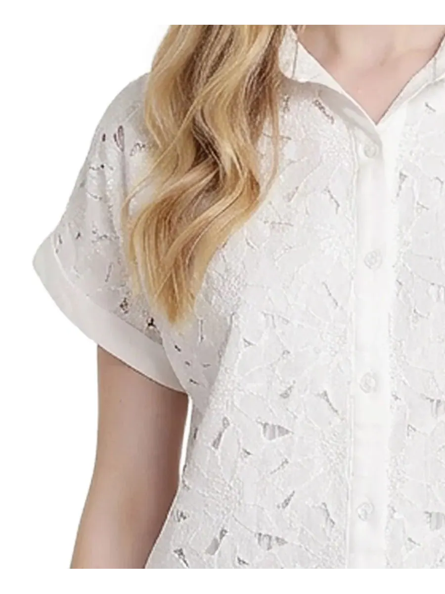 Блуза с коротким рукавом с кружевной вышивкой Petite Short-Sleeve Eyelet Top NY Collection — изображение 3 из 4, белый