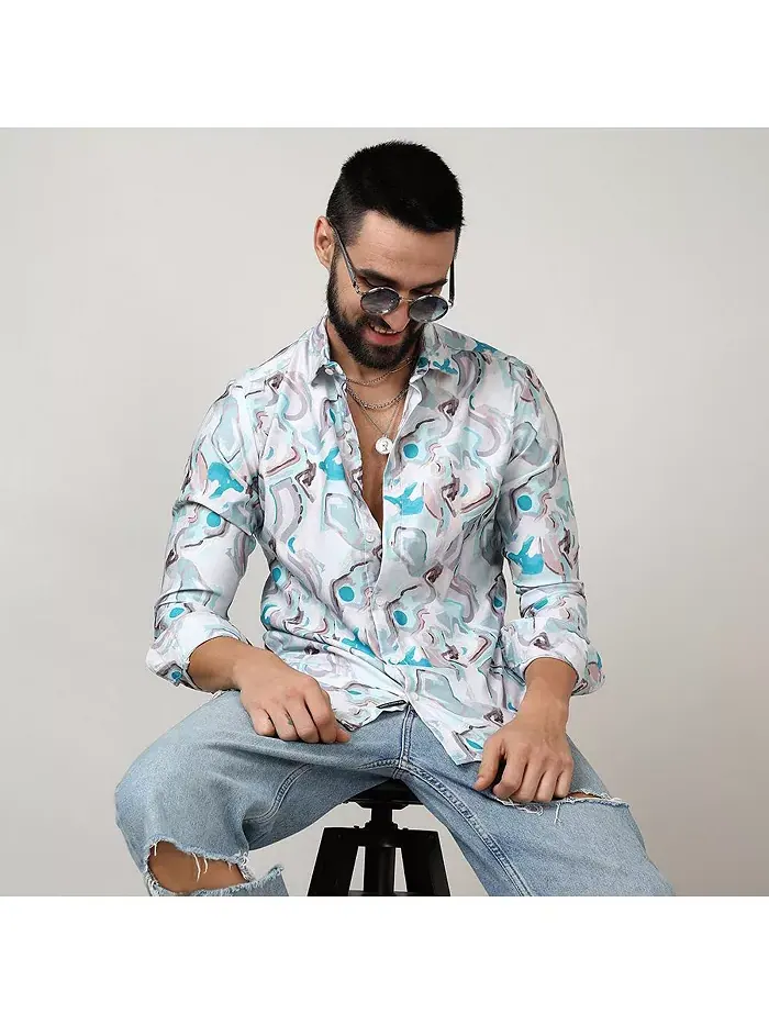 Мужская рубашка Sky Blue & Ivory White Fluid Fade Campus Sutra — изображение 2 из 8, белый