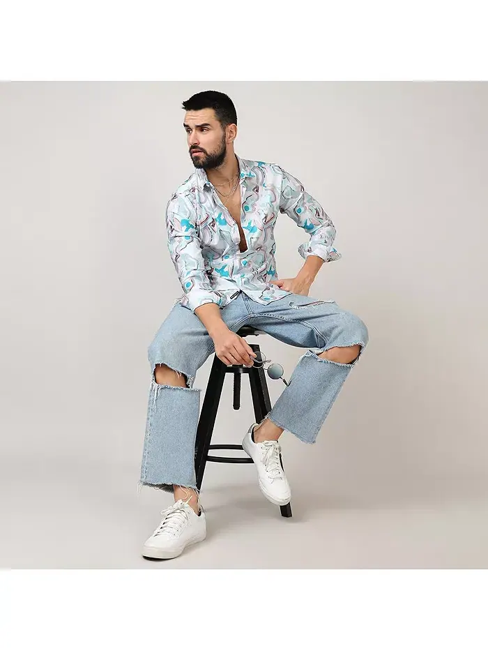 Мужская рубашка Sky Blue & Ivory White Fluid Fade Campus Sutra — изображение 3 из 8, белый