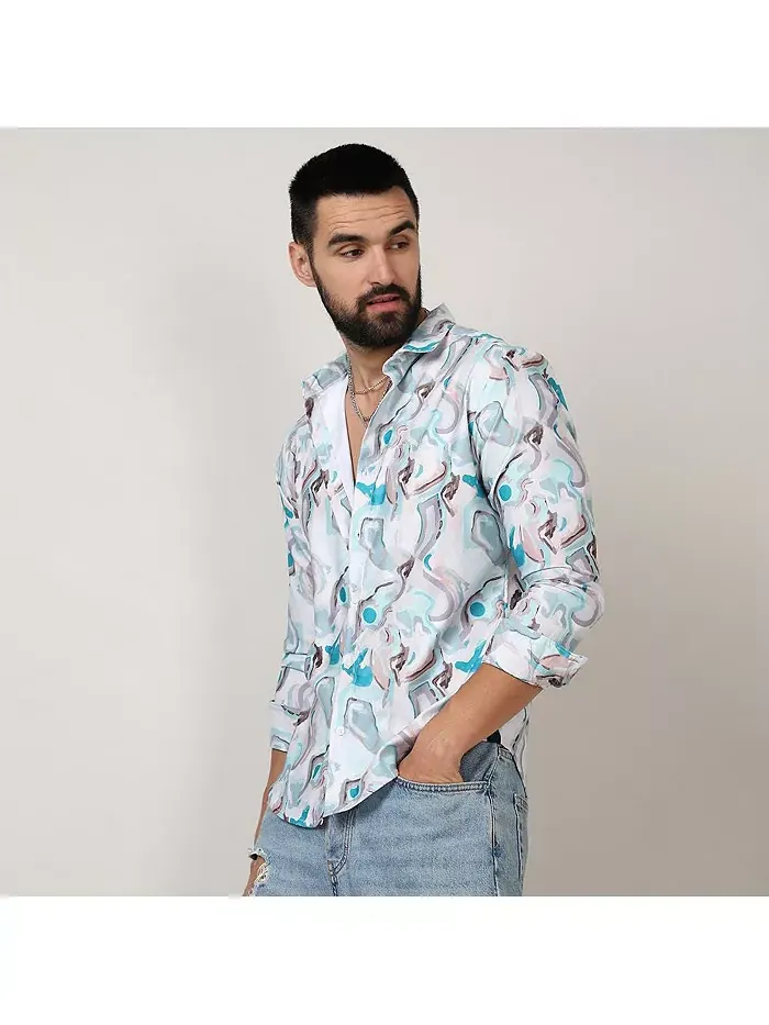 Мужская рубашка Sky Blue & Ivory White Fluid Fade Campus Sutra — изображение 4 из 8, белый