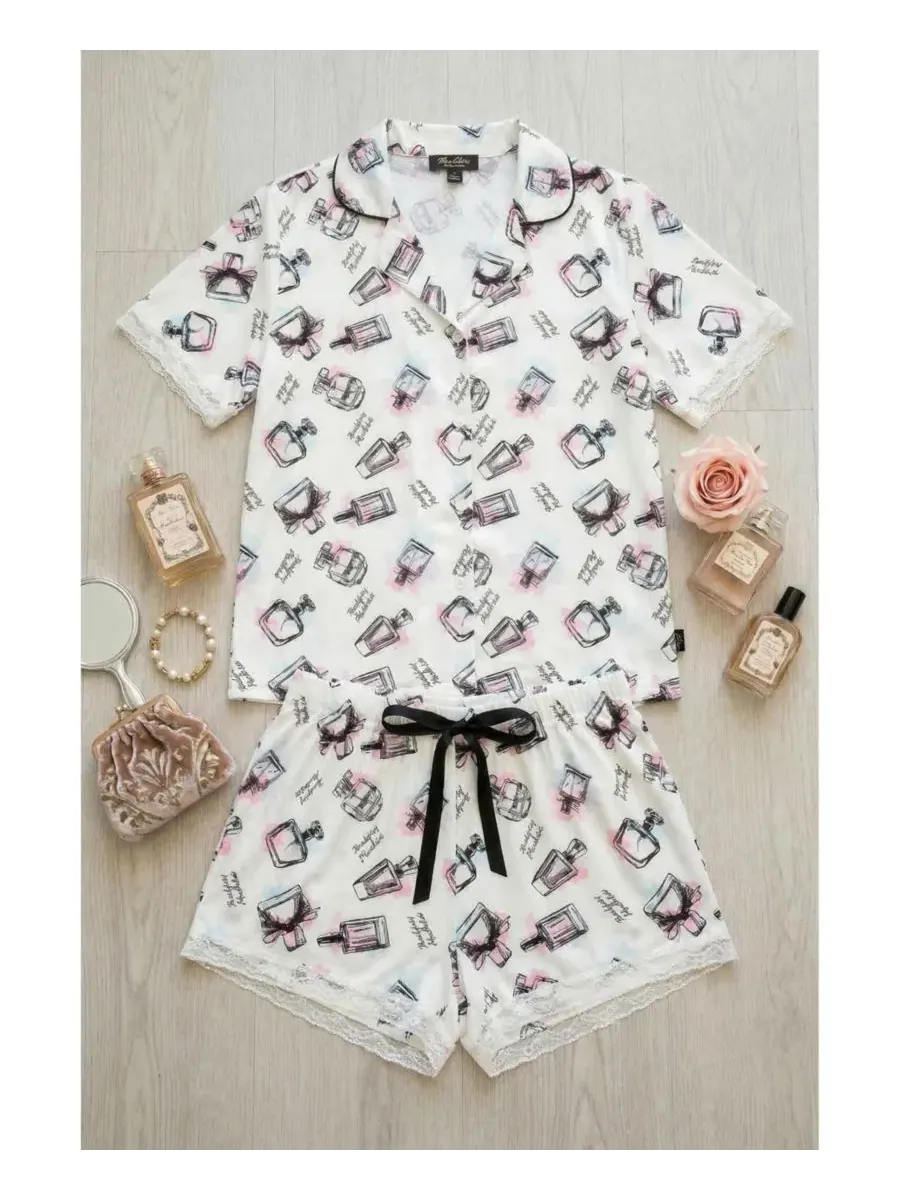 Пижамный комплект с рубашкой и шортами, с контрастным шнурком, Yummy Jersey Notched Collar — изображение 8 из 9, кремовый