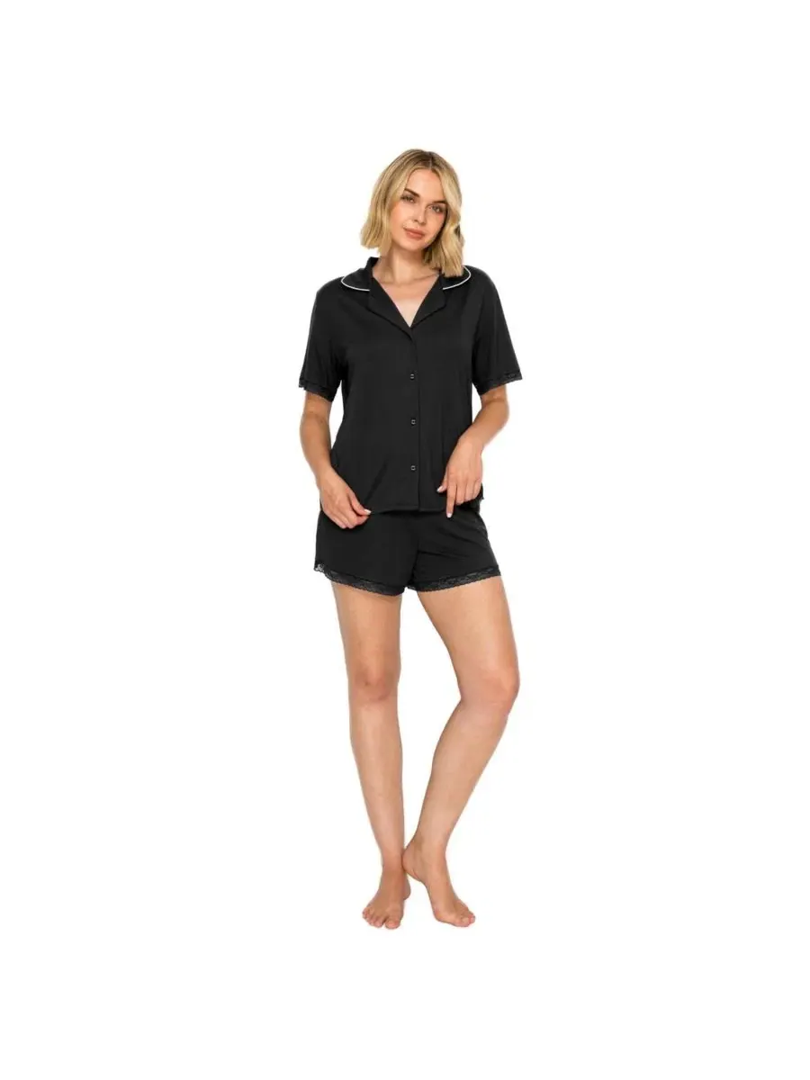 Пижамный комплект с рубашкой и шортами, Yummy Jersey Notched Collar Button-Up Short PJ Set Studio — черный
