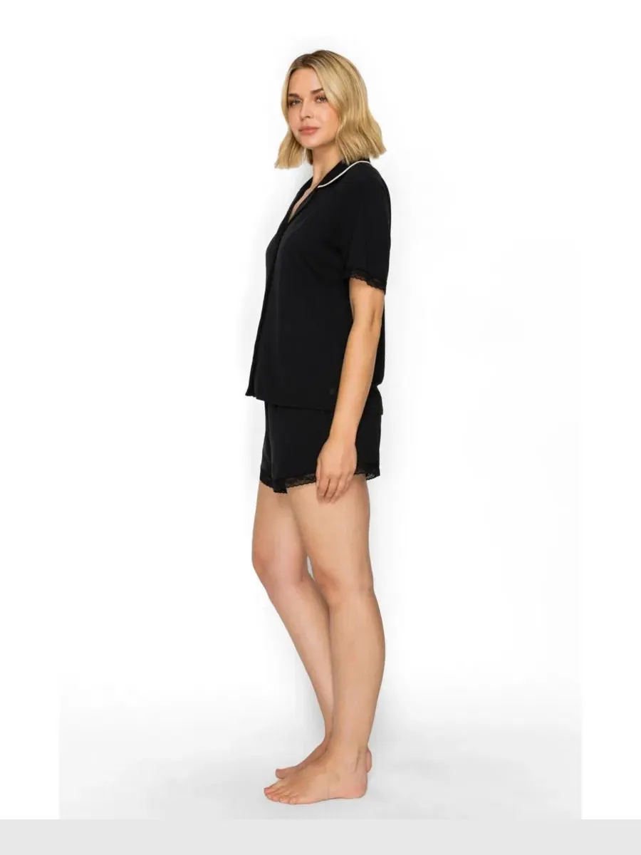 Пижамный комплект с рубашкой и шортами, Yummy Jersey Notched Collar Button-Up Short PJ Set Studio — изображение 2 из 5