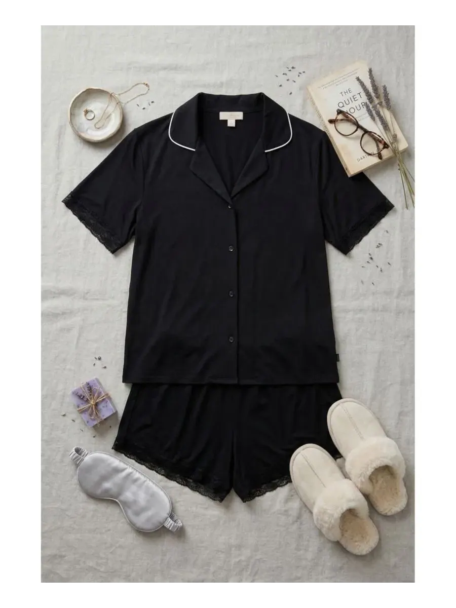 Пижамный комплект с рубашкой и шортами, Yummy Jersey Notched Collar Button-Up Short PJ Set Studio — изображение 4 из 5