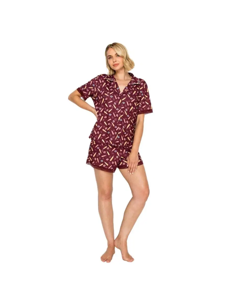 Пижамный комплект с рубашкой и шортами Yummy Jersey Notched Collar Button-Up Short PJ Set Studio — изображение 1 из 5