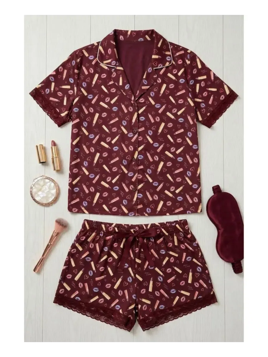Пижамный комплект с рубашкой и шортами Yummy Jersey Notched Collar Button-Up Short PJ Set Studio — изображение 4 из 5