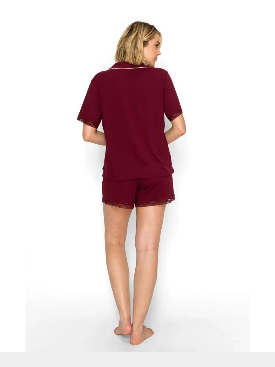 Пижамный комплект с воротником-поло и шортами, Yummy Jersey Notched Collar Button-Up Short PJ Set — изображение 3 из 9