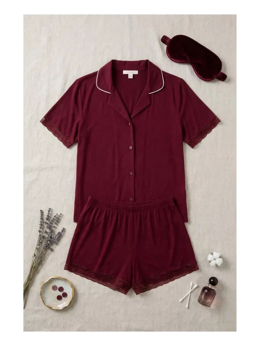 Пижамный комплект с воротником-поло и шортами, Yummy Jersey Notched Collar Button-Up Short PJ Set — изображение 4 из 9