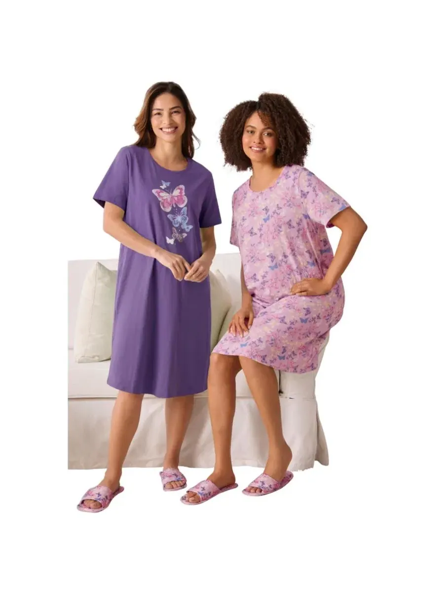 Комплект ночных рубашек с коротким рукавом Dreams & Co., Plum Burst Floral Butterfly — изображение 1 из 3