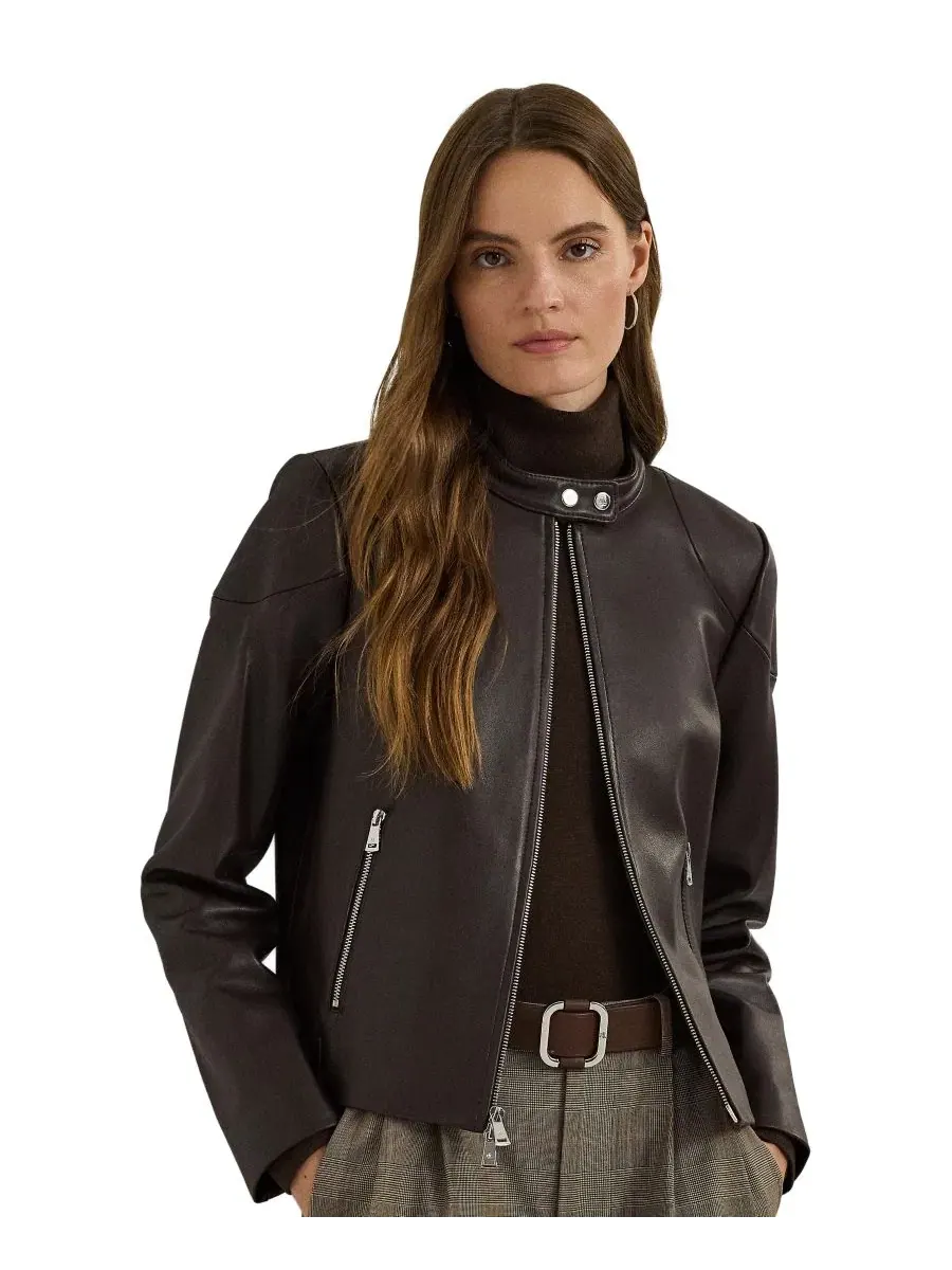 Кожаная куртка-мотор с отложным воротником Lauren Ralph Lauren — изображение 1 из 5, коричневый