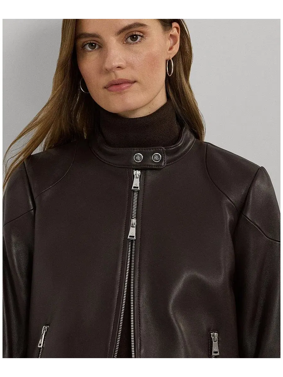 Кожаная куртка-мотор с отложным воротником Lauren Ralph Lauren — изображение 3 из 5, коричневый