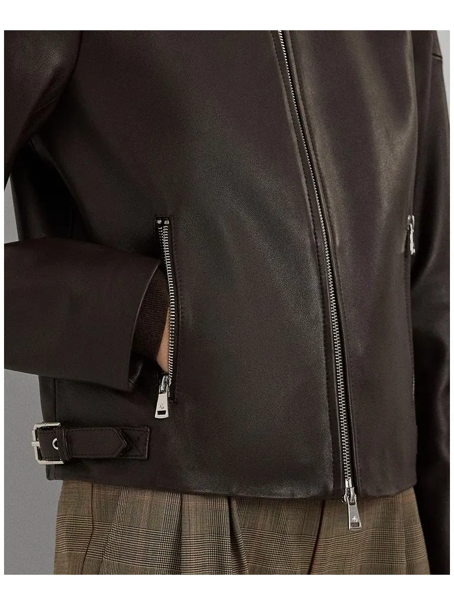 Кожаная куртка-мотор с отложным воротником Lauren Ralph Lauren — изображение 4 из 5, коричневый