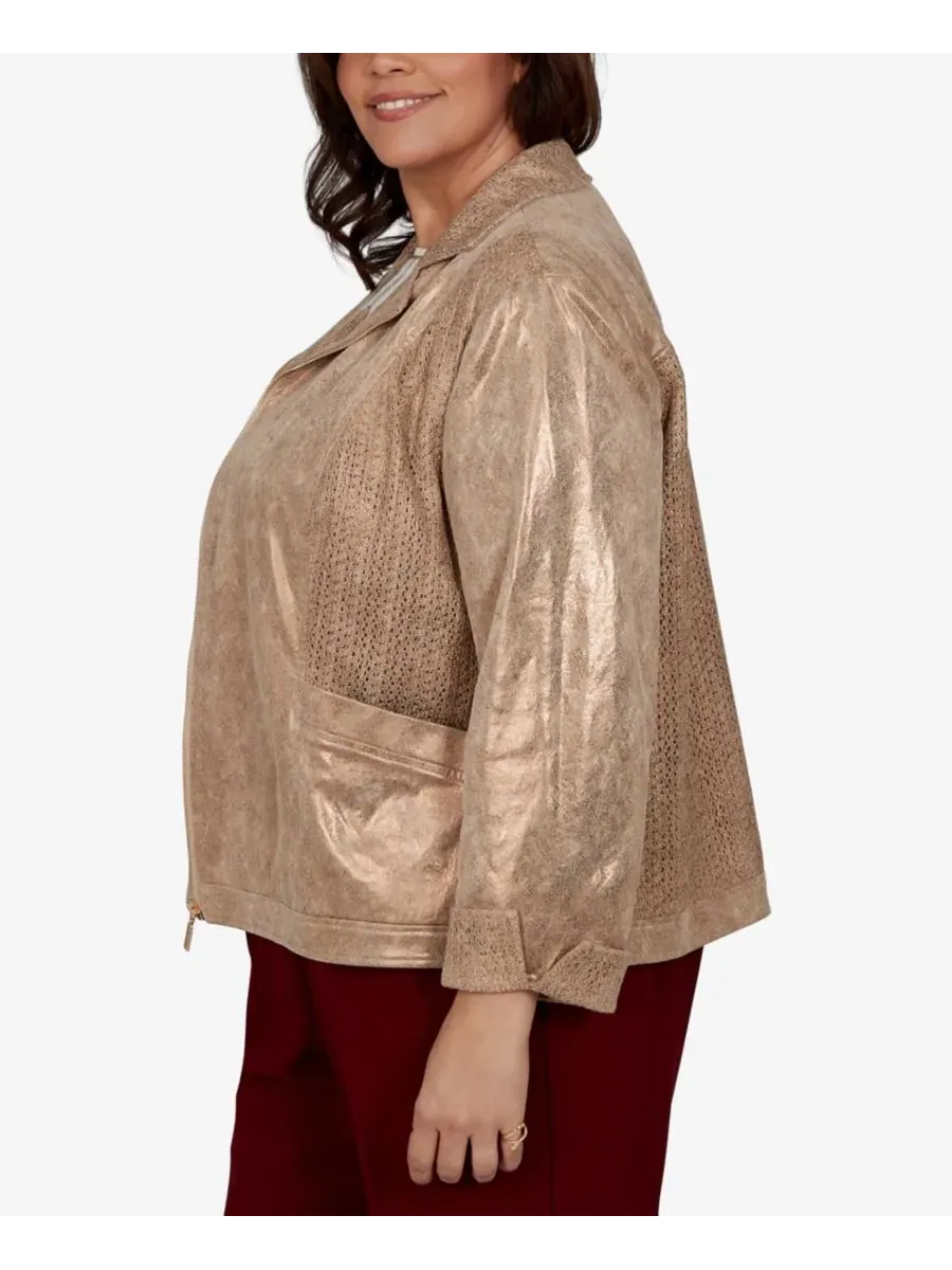 Жакет с молнией и смешанным трикотажем Union Square Mixed Media Knit Back 3/4-Sleeve Zip-Front — изображение 3 из 5, пекан