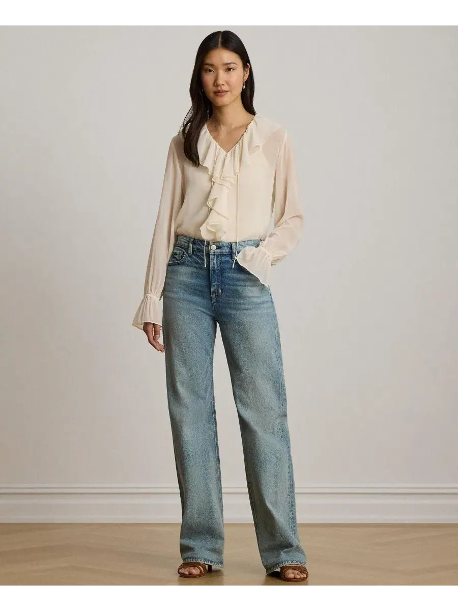 Блуза с воротником V-образным и рюшами, с длинным рукавом-фонарик Lauren Ralph Lauren — изображение 2 из 6, кремовый