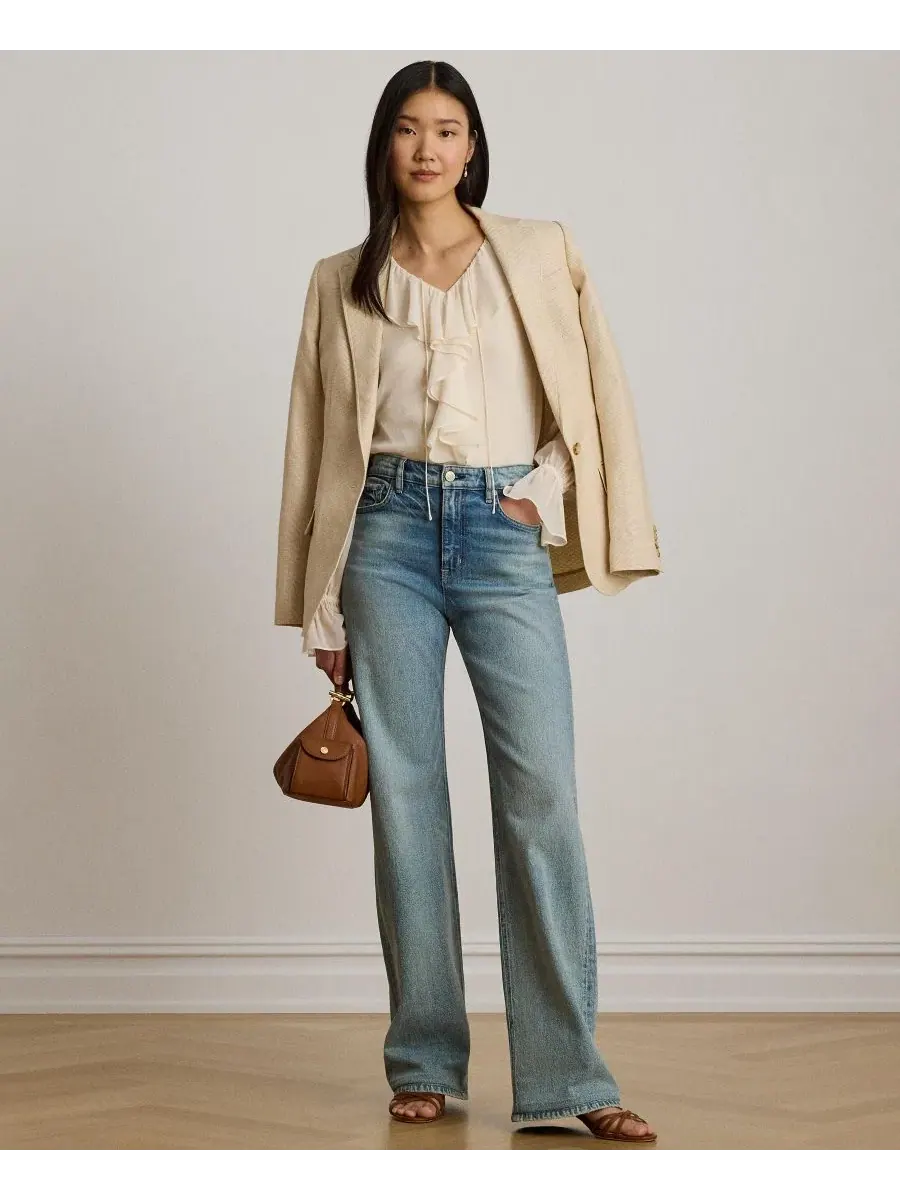 Блуза с воротником V-образным и рюшами, с длинным рукавом-фонарик Lauren Ralph Lauren — изображение 3 из 6, кремовый