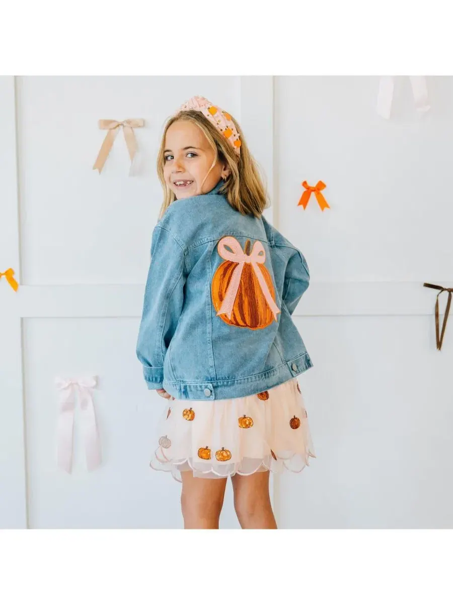 Джинсовая куртка с аппликацией из пайеток Coquette Pumpkin Sweet Wink — изображение 2 из 6, джинсовый синий