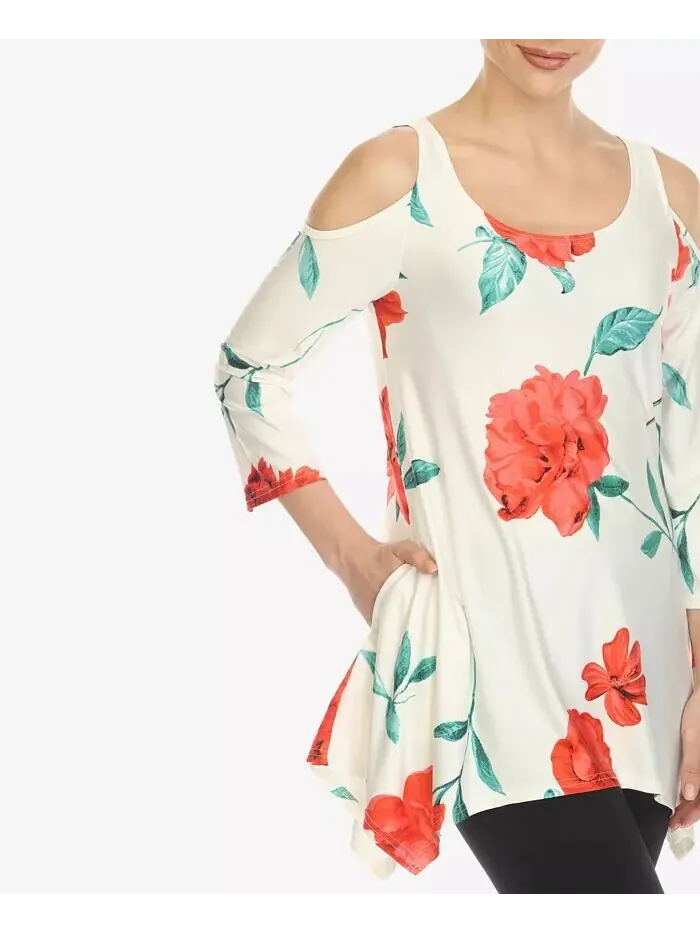 Женская туника с открытыми плечами и цветочным принтом White Mark — изображение 4 из 5, белый красный