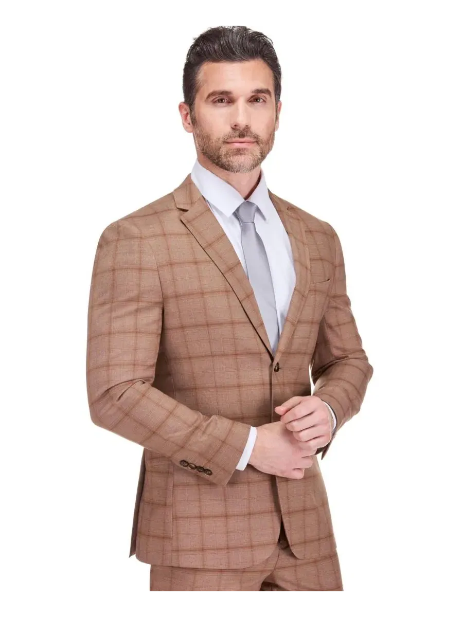 Костюм-двойка с принтом в клетку Slim Fit Gino Vitale — изображение 3 из 3, бежевый