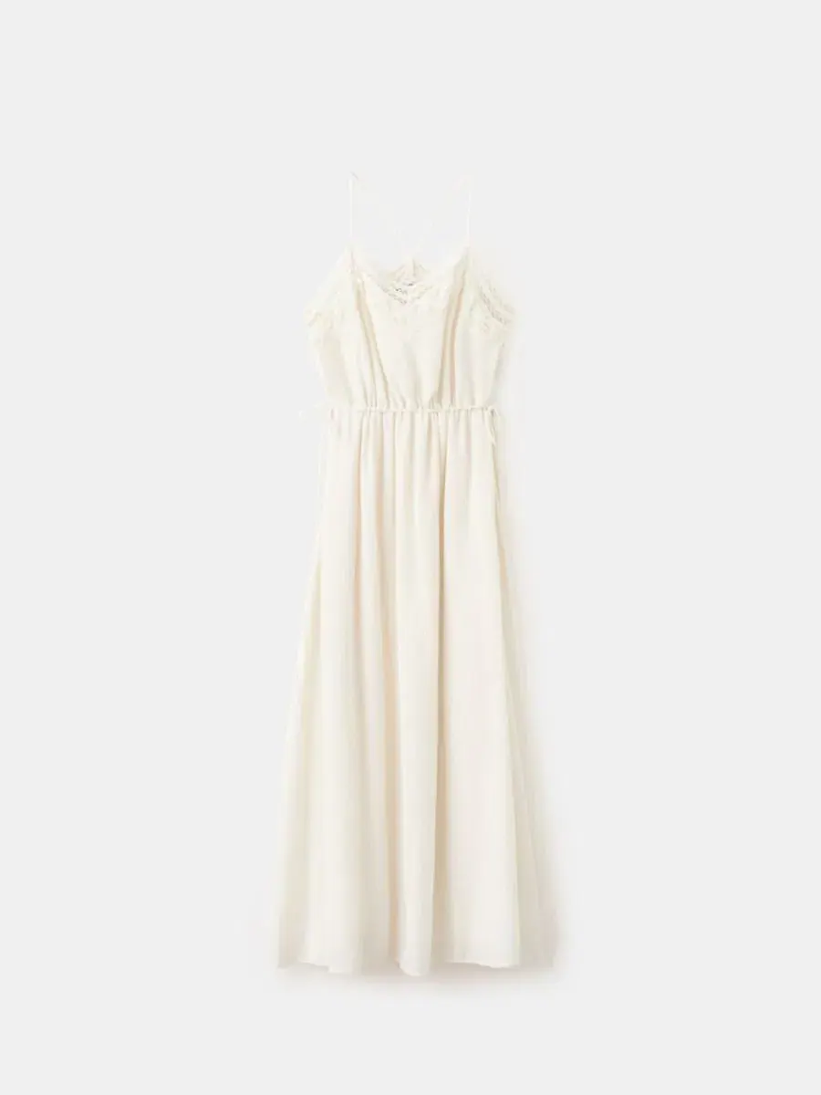 Платье с вышивкой и защипами, модель Openwork Embroidery Crinkled Dress MANGO — изображение 2 из 6, светлый бежевый