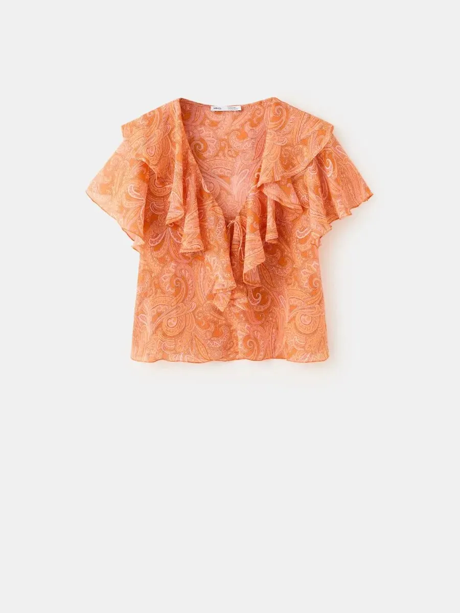 Блузка с воланами и принтом Ruffles Printed Blouse MANGO — изображение 2 из 6, оранжевый