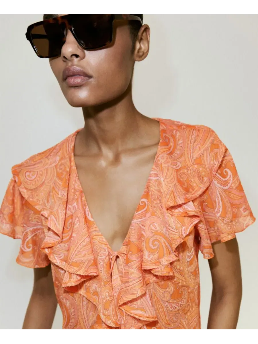 Блузка с воланами и принтом Ruffles Printed Blouse MANGO — изображение 4 из 6, оранжевый