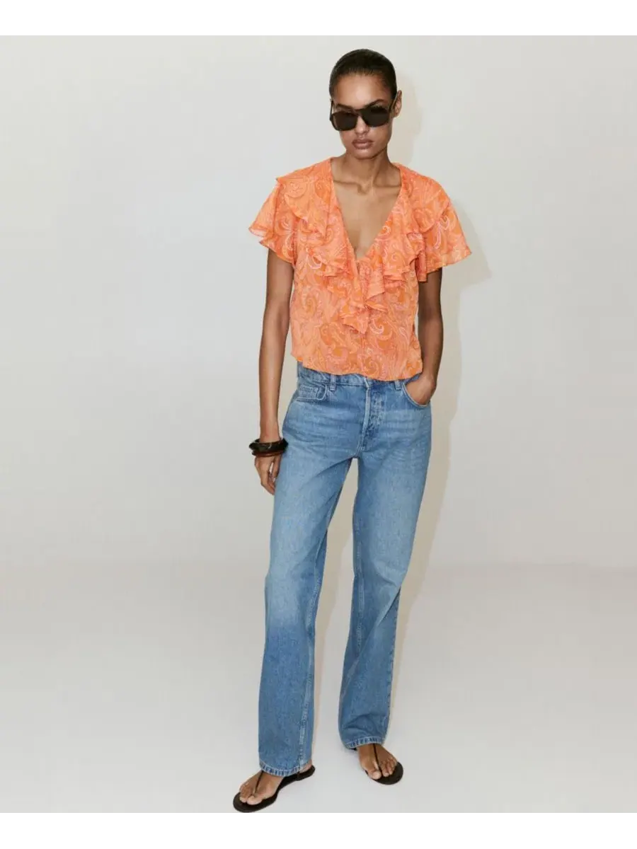 Блузка с воланами и принтом Ruffles Printed Blouse MANGO — изображение 6 из 6, оранжевый