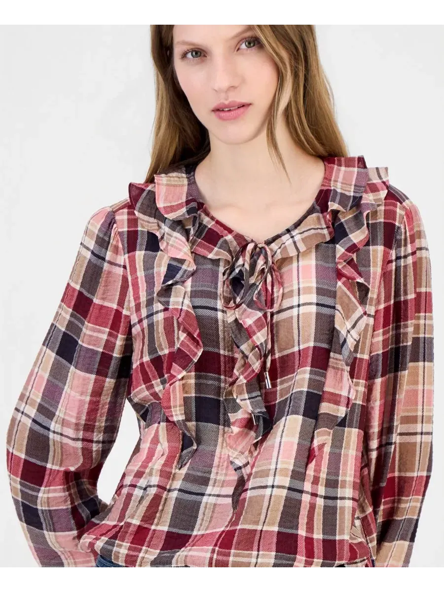 Блуза с длинным рукавом с рюшами Plaid Nautica — изображение 2 из 4, розовый мульти