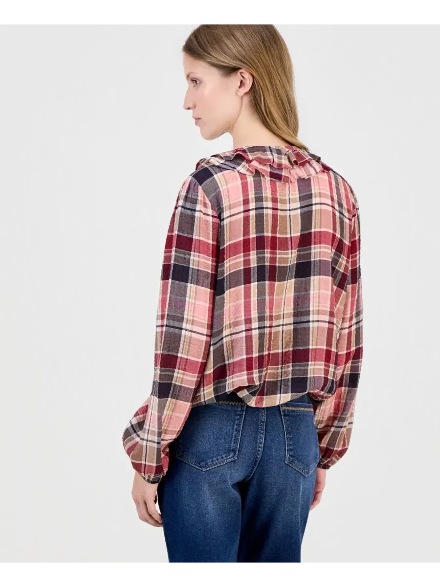 Блуза с длинным рукавом с рюшами Plaid Nautica — изображение 3 из 4, розовый мульти