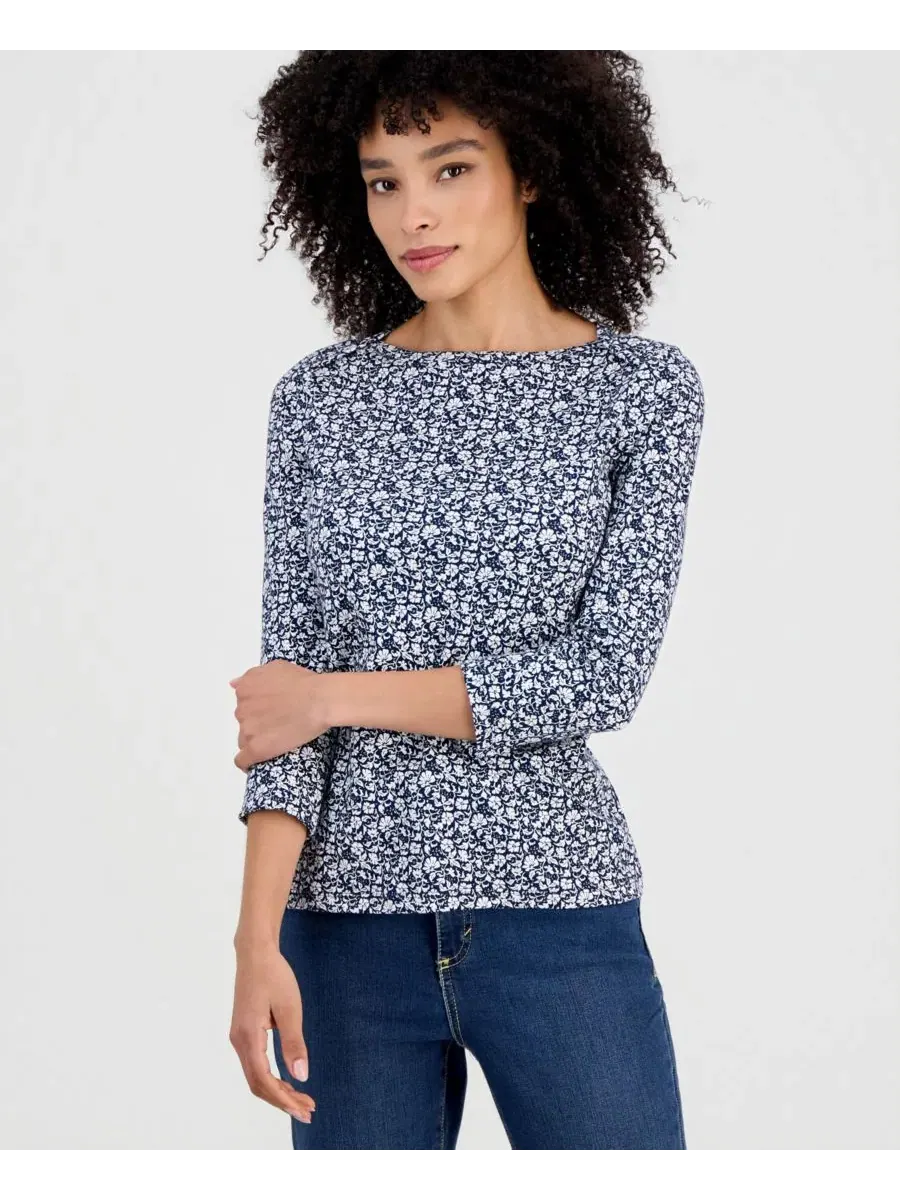 Блуза с лодочкой и рукавом 3/4 из хлопка Style & Co — изображение 2 из 4, синий