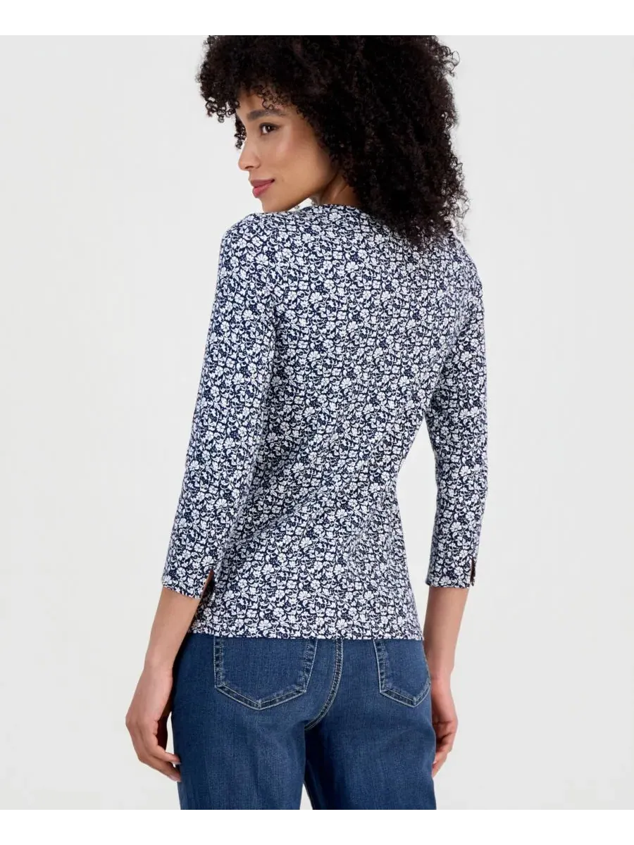 Блуза с лодочкой и рукавом 3/4 из хлопка Style & Co — изображение 3 из 4, синий