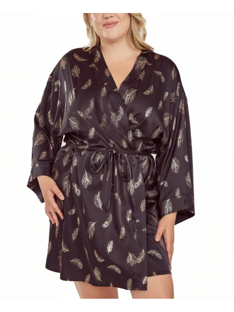 Шелковый халат большого размера на завязках с принтом в виде перьев iCollection