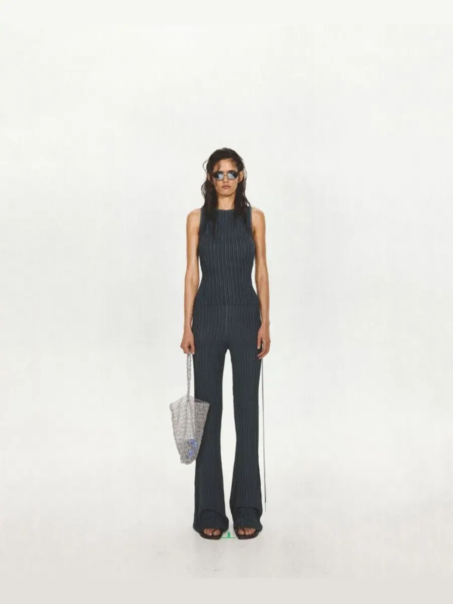 Брюки клеш с завязкой на талии, модель Bow Detail Ribbed Flared Pants MANGO — изображение 2 из 7, синий